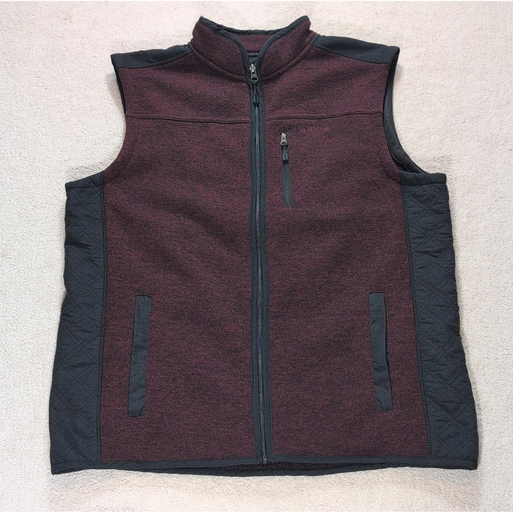 Orvis Fleece Vest Mens XL Full Zip Red Burgundy Black Pockets Outdoors Hiking